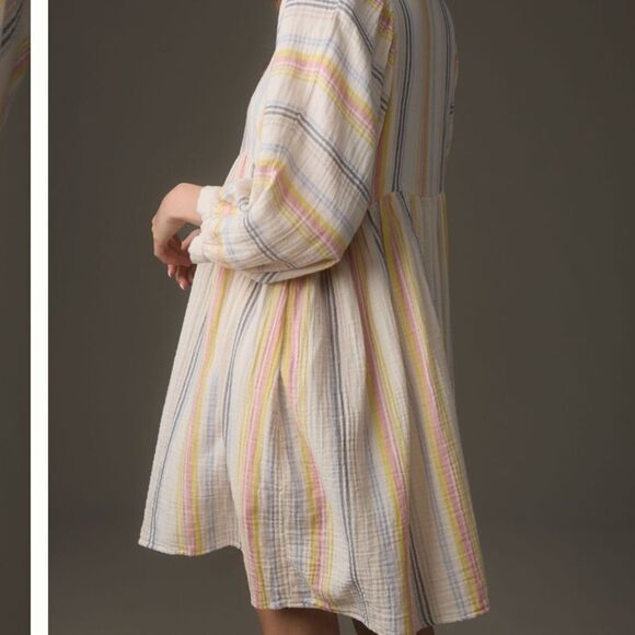 Sundry Long Sleeve Babydoll blouson sleeve mini dress neutral motif striped XS - Picture 2 of 6